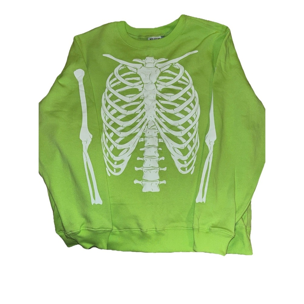 Mighty Fine Skeleton Sweatshirt Women's XL Neon Green Ribcage Bones Halloween